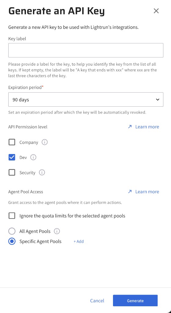 Configure agent pool access for a Dev-scoped API key