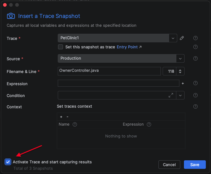 Activate Trace from Snapshot ---half