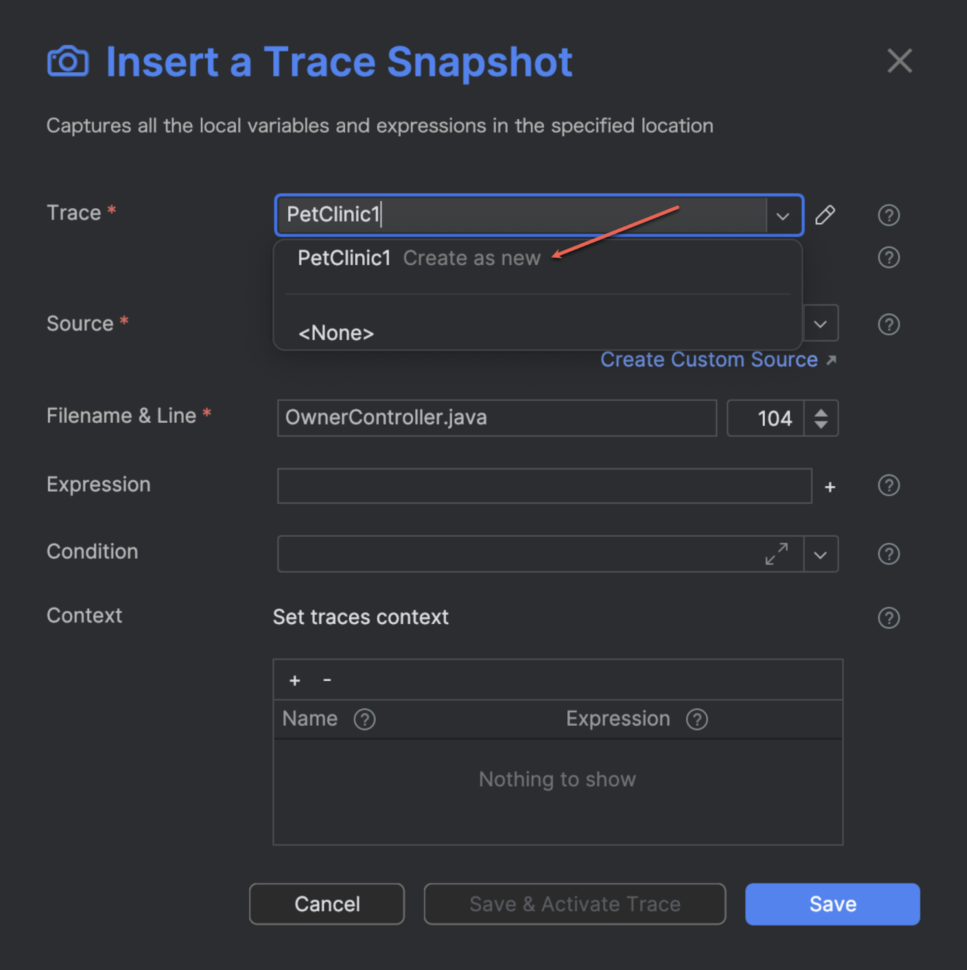 Insert a Snapshot Initial Trace ---half