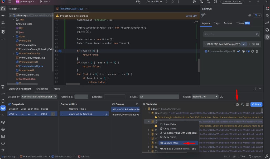 Select a snapshot hit under Captured Hits