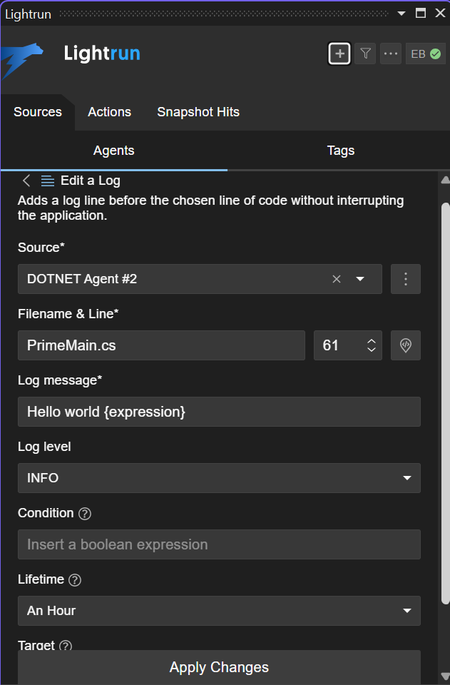 Edit a log dialog --half