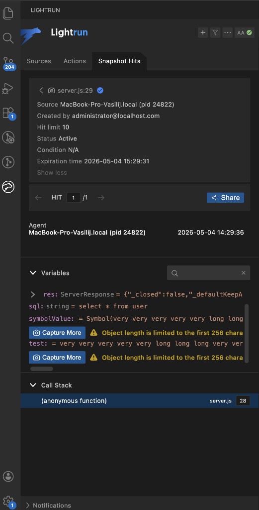 VS Code Snapshot Hits with Capture more on the limitation warning row